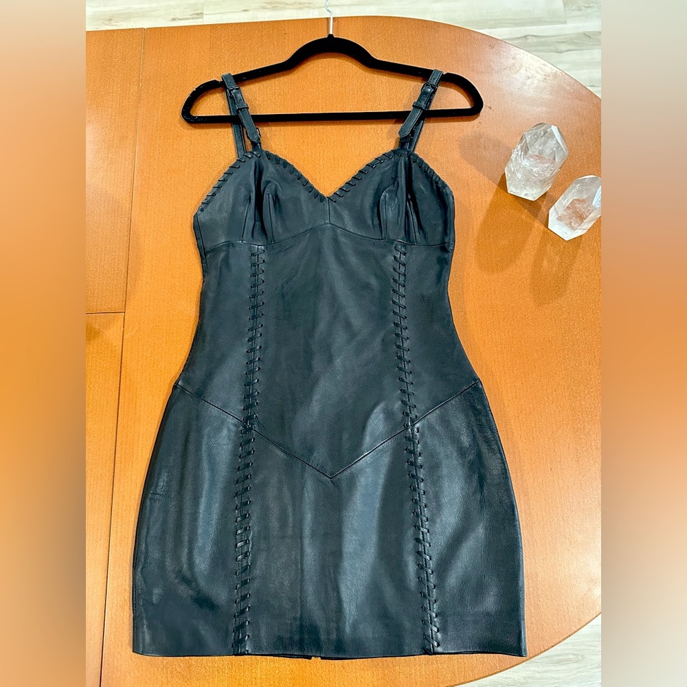 Lab Leather black mini dress with lace-up corset detail, size S